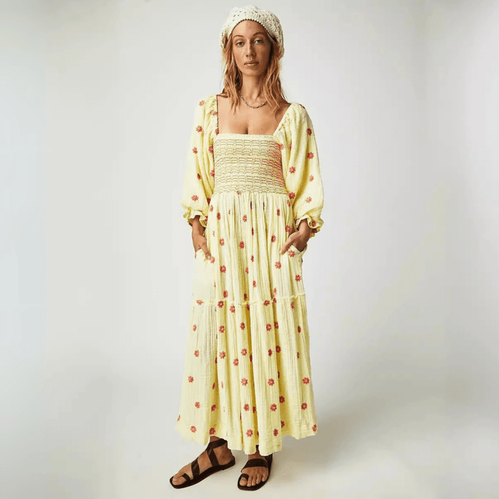 MOIRA™ - Comfy Floral Lantern Sleeve Square Neck Maxi Dress